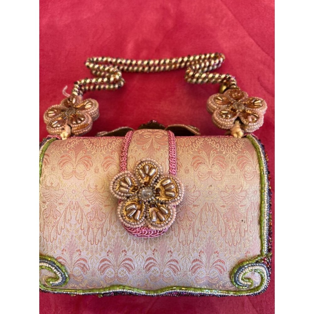 Mary Frances Beaded Floral Handbag With Intricate Embroidery Pink & Green Accent - Picture 11 of 16